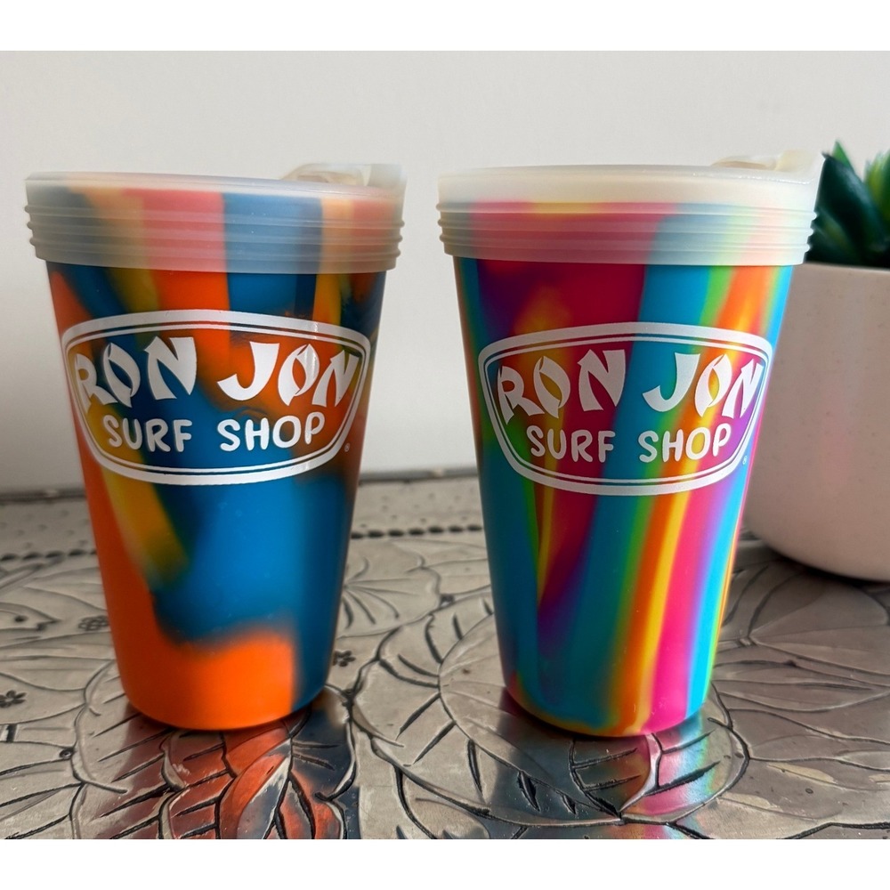 TWO 16 Oz Ron Jon Surf Shop Logo Silipint Glasses With Lids Pool Beach Camping